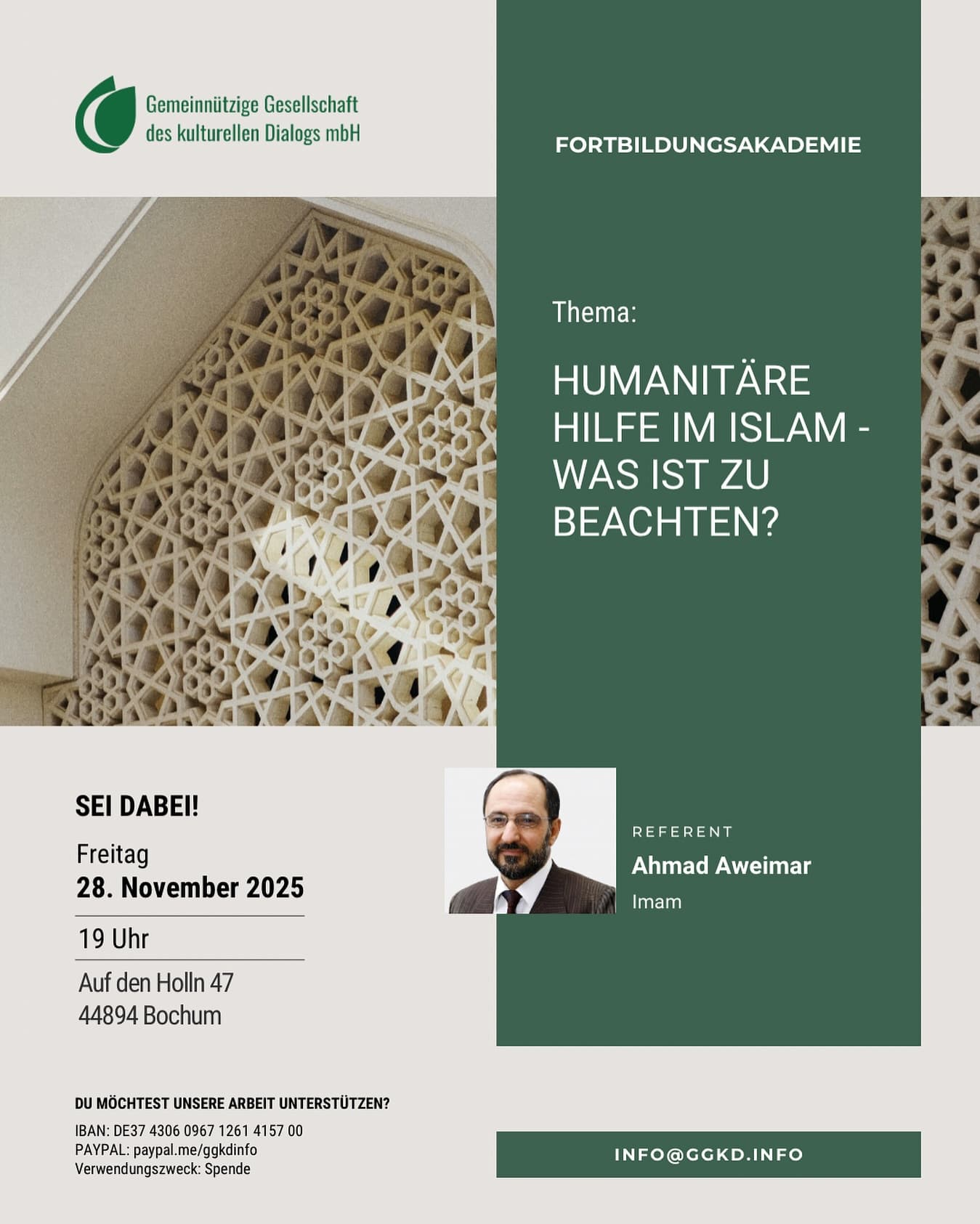 GGKD-Flyer zur Veranstaltung Humanitäre Hilfe im Islam